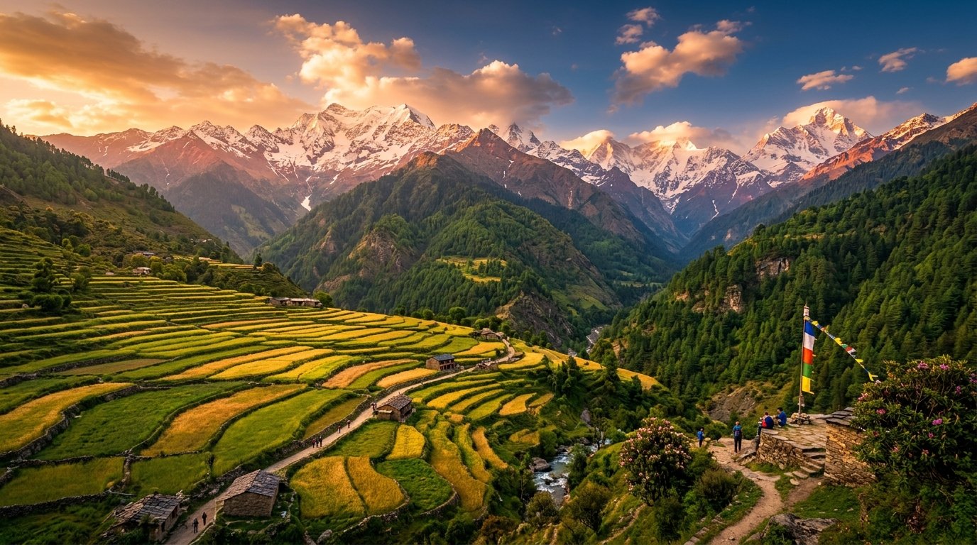 Beautiful Snow peaks and terrace fields of Garhwal Uttarakhand